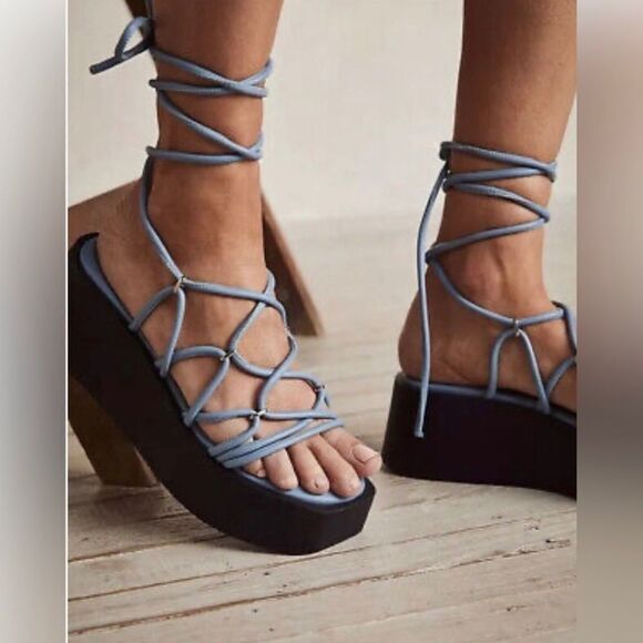 Free People Georgie Blue Wrap Gladiator Platform Open Toe Wedge Sandals Size 9 - Picture 16 of 16